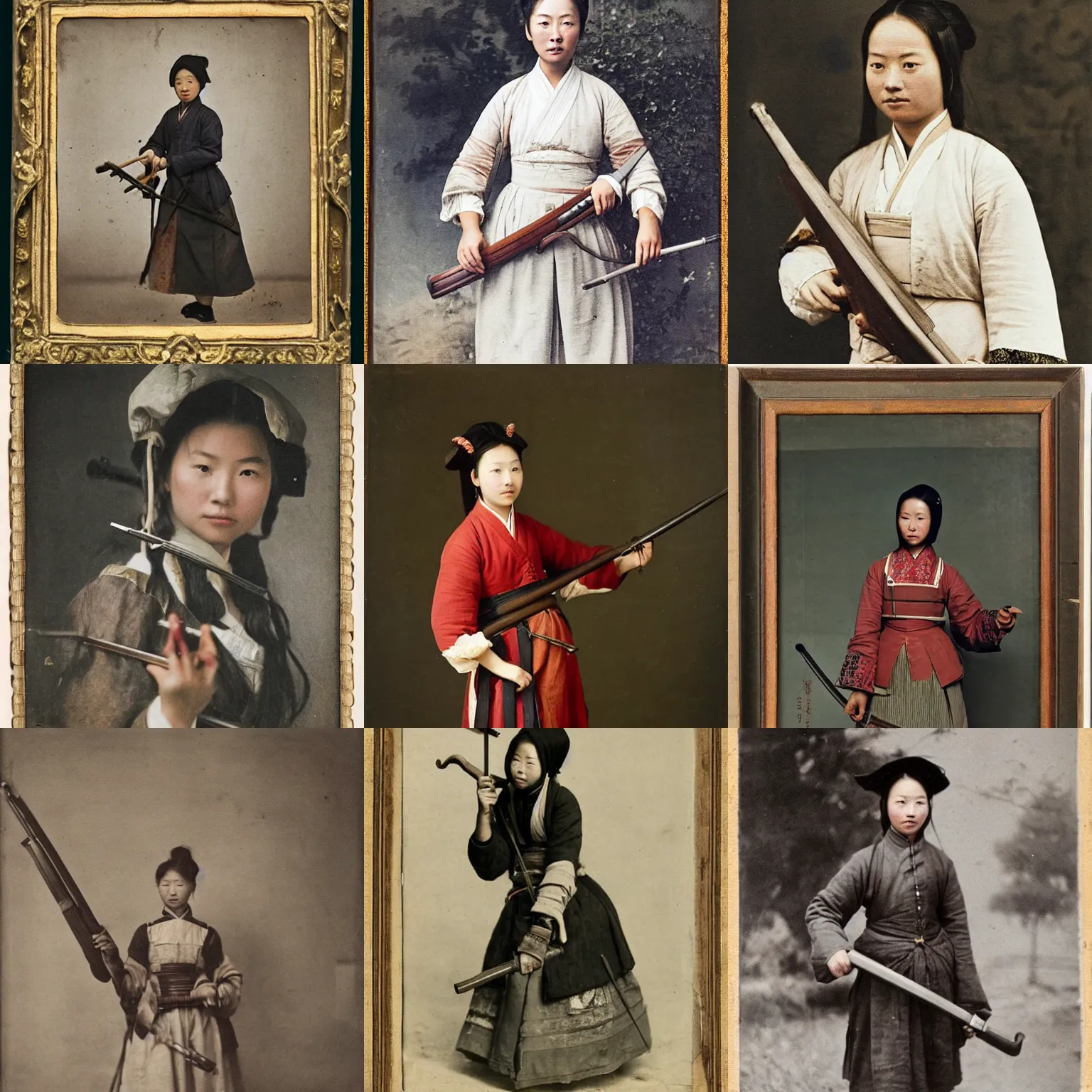 Prompt: Young female Chinese peasant, holding a musket, 18th century, colour photograph