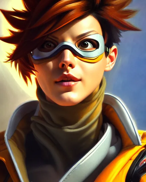 Image similar to tracer from overwatch, pilot jacket, character portrait, portrait, close up, highly detailed, intricate detail, amazing detail, sharp focus, vintage fantasy art, vintage sci - fi art, radiant light, caustics, by boris vallejo