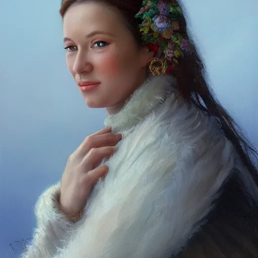 Image similar to portrait of a russian woman ( 3 5 ) from chabarovsk, russia in 2 0 2 1, an oil painting by ross tran and thomas kincade