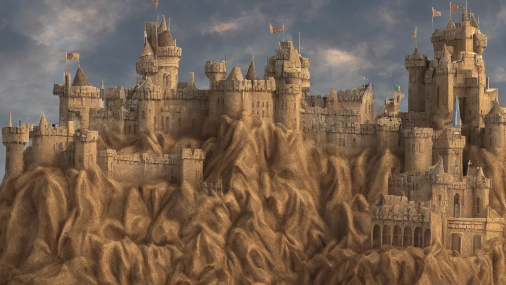 Prompt: open angle photo of a castle made of sand, matte painting,