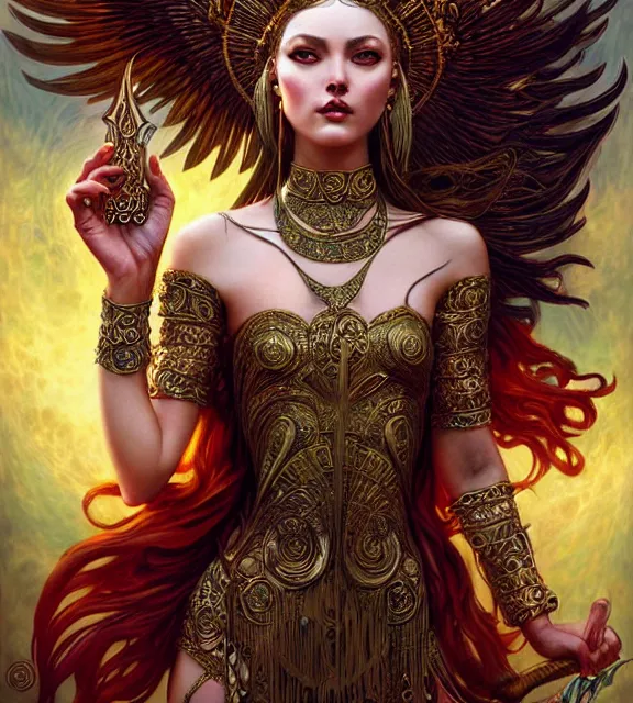 Image similar to goddess of the hunt, tarot card, ornate, digital art by artgerm and karol bak