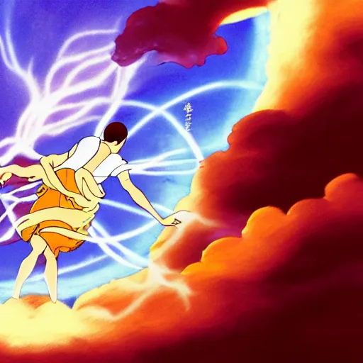 Image similar to illustration of a peaceful monk in the centre of a swirling atom shooting lightning from his hands into a dark ominous cloud, studio ghibli, ultra hd