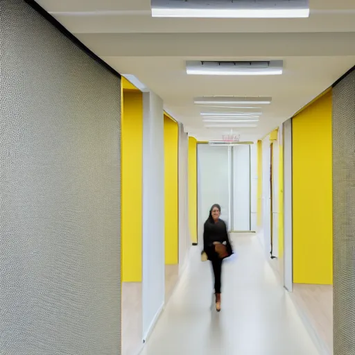 Image similar to liminal office hallway, pale yellow walls, pale yellow carpets, off-white ceiling, warm light