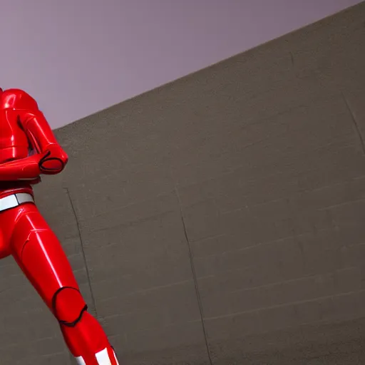 Image similar to Tokusatsu character based on Ferrari, red mechanical skinny body, chest plate with Ferrari logo, stylized motorcycle helmet, full body, unreal engine, 3D model