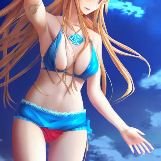 Image similar to a very beautiful mature yuuki asuna, full body, long wavy blond hair, sky blue eyes, full round face, bikini, miniskirt, front view, cute pose, highly detailed, cinematic wallpaper by stanley artgerm lau