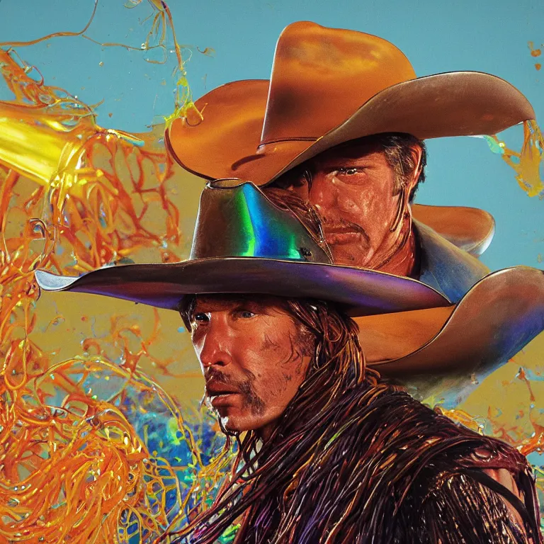 Image similar to 1 9 7 0's spaghetti western film octane render portrait by wayne barlow and carlo crivelli and glenn fabry, a person wearing a shiny colorful iridescent latex suit and cowboy hat covered in colorful slime, standing in a scenic western landscape, cinema 4 d, ray traced lighting, very short depth of field, bokeh