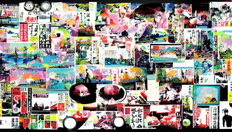 Prompt: Japan rural splendor touring travel c2050, surrealist psychedelic photo-collage painting spot illustration in the style of Newsweek magazine, +81 magazine, minimalist clinical white negative space, clinical muted deep neon color, spot color and metallic inks clean slick design