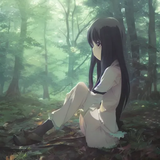 Image similar to anime character in the woods, hyperrealistic, trending on pixiv fanbox, painted by greg rutkowski makoto shinkai takashi takeuchi studio ghibli, akihiko yoshida