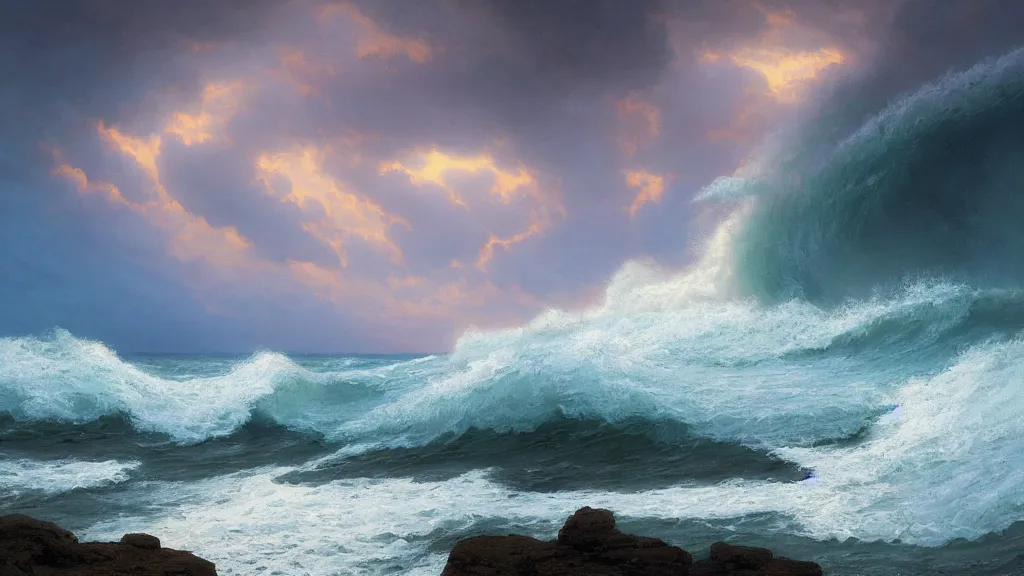 Image similar to first person view of breaking waves on the shore, summer, during a storm, sea breeze rises in the air, by andreas rocha and john howe, and Martin Johnson Heade, featured on artstation, featured on behance, golden ratio, ultrawide angle, f32, well composed