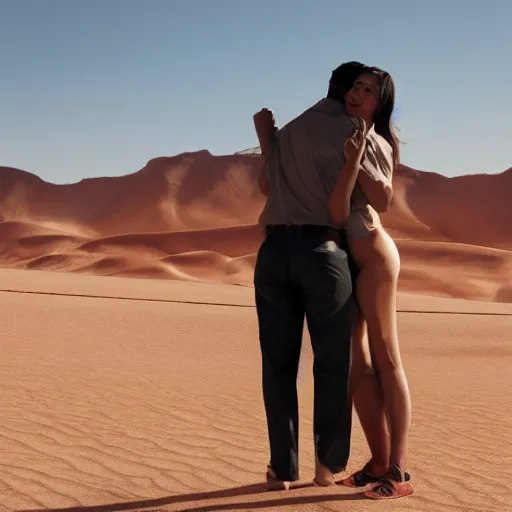 Prompt: a tan-skinned, male detective hugs from behind a tall, pale-skinned, female detective in the desert