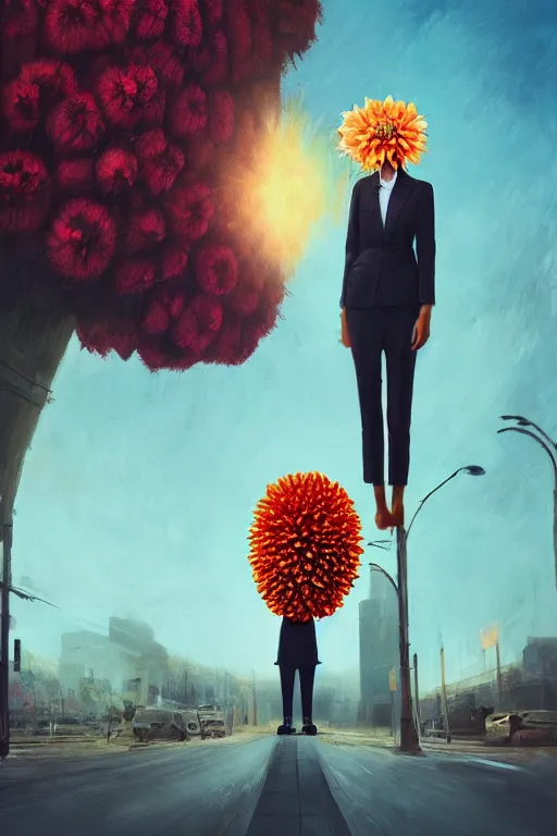 Image similar to giant dahlia flower head, frontal, girl in a suit, standing in street, surreal photography, sunrise, dramatic light, impressionist painting, digital painting, artstation, simon stalenhag