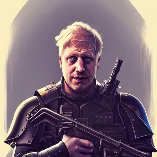 Image similar to Boris Johnson as Punisher, armor plate, realistic portrait, symmetrical, highly detailed, digital painting, artstation, concept art, smooth, sharp focus, illustration, cinematic lighting, art by artgerm and greg rutkowski and alphonse mucha