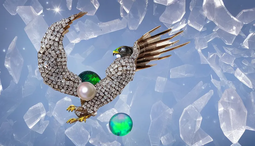 Image similar to diamonds, pearls, ice crystals, opals and other various gemstones being thrown around in the shape of a hawk by a tornado, museum sculpture, 4k, high quality photograph, award-winning