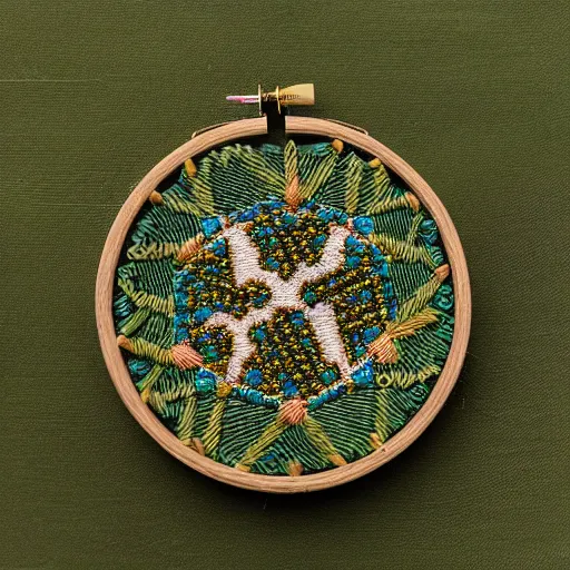 Prompt: a detailed product photograph of a little symmetrical intricately embroidered enchantment that represents abundance and playfulness and that friday feeling, made with tiny delica beads and glitter thread and herbs, organic olive green tones, light leaks