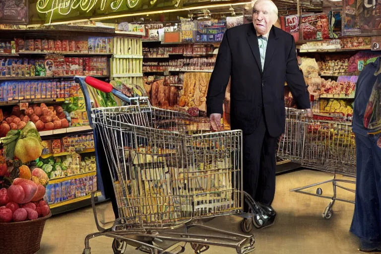 Image similar to john madden as a contestant on supermarket sweep, old elder expressive male face, grocery store, ethereal details, night, cinematic lighting, hyper - detailed, maximalist, trending on artstation, cgsociety, 8 k, high resolution, in the style of faiza maghni, david ligare, flora borsi, daniel gerhartz, elena masci