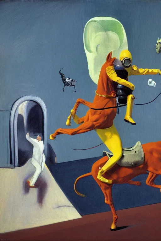 Image similar to man in horse costume, horse in costume astronaut, racing on astronauts, hauntingly surreal, highly detailed painting by francis bacon, edward hopper, adrian ghenie, gerhard richter, and james jean soft light 4 k,