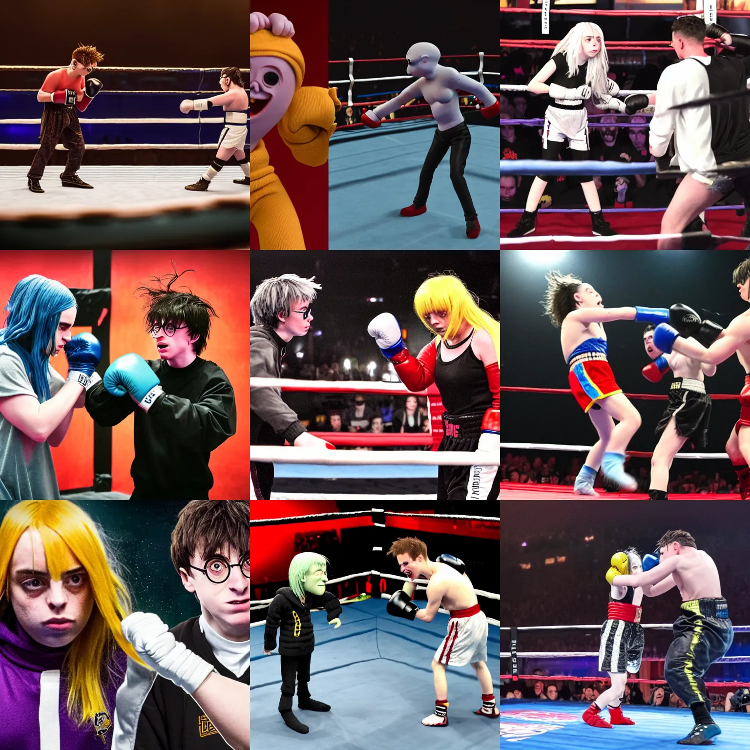 Prompt: billie eilish and harry potter punch each other in a boxing ring, claymation, made of clay, stop motion, establishing shot, wide angle lens, stadium, sports event