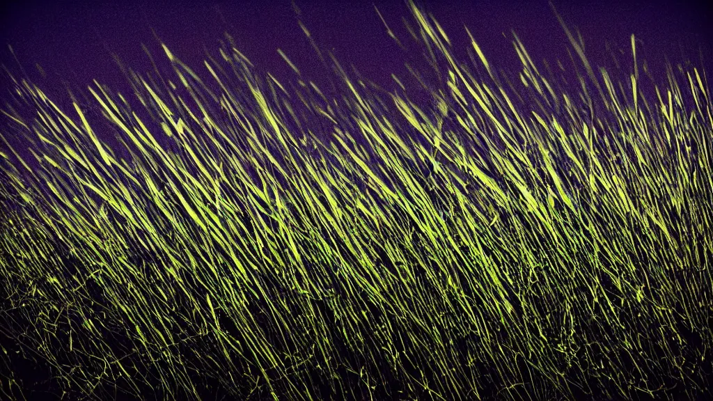 Prompt: vivid washes of color. contrast of light and dark. cinematic spangled cosmic polaroid. It is dark all around. The wind and light making dramatic whorls and spiral patterns of shadow and light in the grass. blinding silver, viridescent, at play. spangled night time photography.