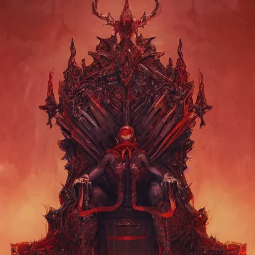 Image similar to Gigantic Satan sits on his throne , while his soldiers stand watch , humans bow on their knees , concept art, detailed intricate ink illustration, dark atmosphere, detailed illustration, hd, 4k, digital art, overdetailed art, concept art, by greg rutkowski, by loish, complementing colors, Trending on artstation, deviantart