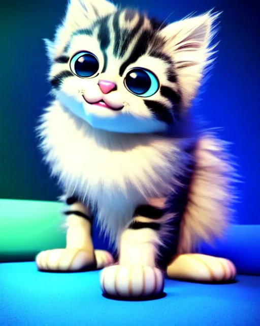 Image similar to cute fluffy kitten with big eyes, portrait, pixar character, octane render, very detailed