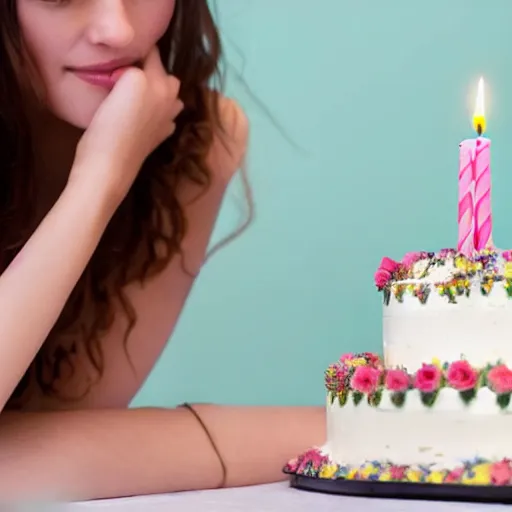 Prompt: close - up beautiful woman sitting in front of a table staring at her birthday cake