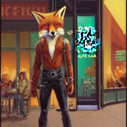 Prompt: a sweet anthro!! Fox wearing leather clothes and doing the peace sign standing in front of a Starbucks. cinematic, hyper realism, high detail, illustration, marvel comic, iridescent accents, by Bruce Pennington, trending on artstation, very coherent symmetrical artwork.