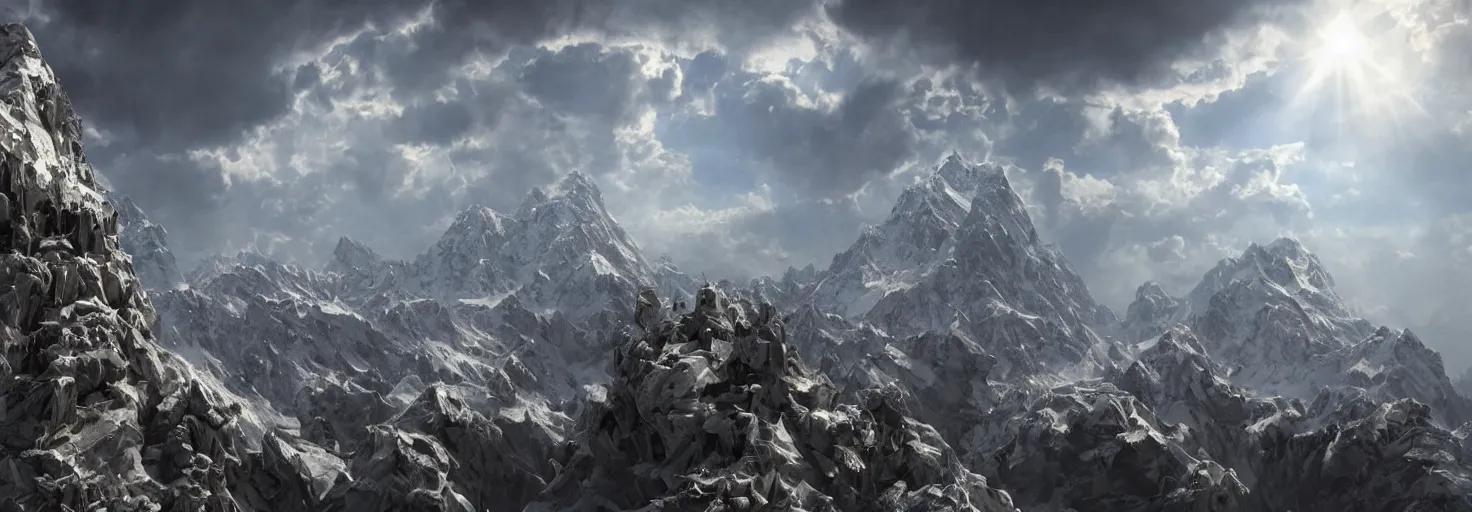 Image similar to intricate crystallographic citadel structure architecture on top of the himalayas over a cloudscapes, by albert bierstadt, by glen small, realism, photorealism, octane render, unreal engine, volumetric light, depth of field, volumetric clouds, god rays, lens flares, detailed, intricate, digital art, deviant art, mandelbulb 3 d