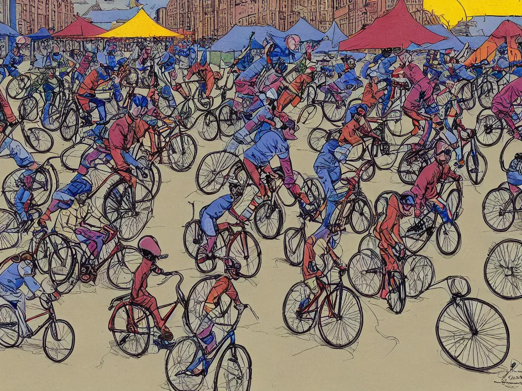 Image similar to masked riders on very large bicycles playing bike polo, sport, in style of moebius, by jean giraud, highly detailed, harsh daylight, colorful