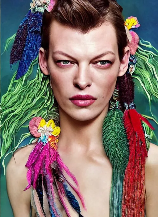 Image similar to beautiful portrait of Milla Jovovich wearing fantastic Hand-dyed cotton dress,embellished beaded feather decorative fringe knots ,colorful pigtail,subtropical flowers and plants,dramatic,symmetrical face,intricate,elegant,highly detailed,8k,post-processing,digital painting,trending on pinterest, GUCCI,PRADA,concept art, sharp focus, illustration, by artgerm,Tom Bagshaw,Lawrence Alma-Tadema,greg rutkowski,alphonse Mucha