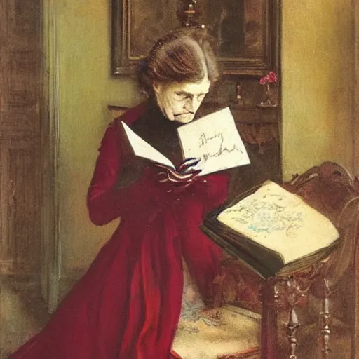 Image similar to scared victorian lady reading a book with an occult symbol on the cover, painted by alfred stevens