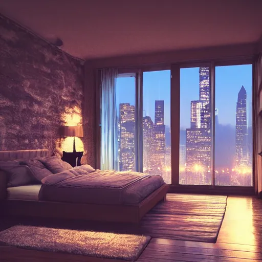 Image similar to cozy rustic bedroom that is dimly lit with a night view of new york in heavy mist, highly detailed, artstation, photography