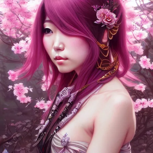 Prompt: Portrait of japanese gyaru, D&D, dark fantasy, pink hair, sakura blooming on background, intricate, elegant, highly detailed, digital painting, artstation, concept art, smooth, sharp focus, illustration, art by artgerm and greg rutkowski and alphonse mucha