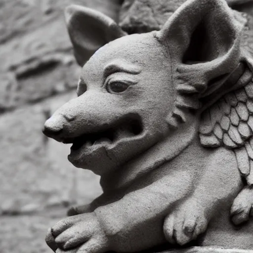 Image similar to corgi gargoyle with wings made of stone, uncropped, photography