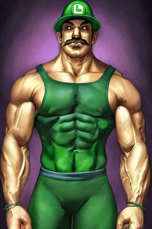 Image similar to muscular luigi wearing a green jumpsuit by ilya kuvshinov, bodybuilder ernest khalimov, super mario bros symmetrical face concept art, hyper realistic, intricate, elegent, highly detailed, digital painting, concept art, smooth, sharp, focus, illustration, art by artgerm and greg rutkowski and alphonse mucha, artstation