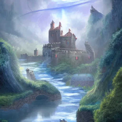 Prompt: a flyinf castle above the sky with rivers flowing down, trending on artstation, digital fantasy painting, high detail, hd, 4k, 8k full res