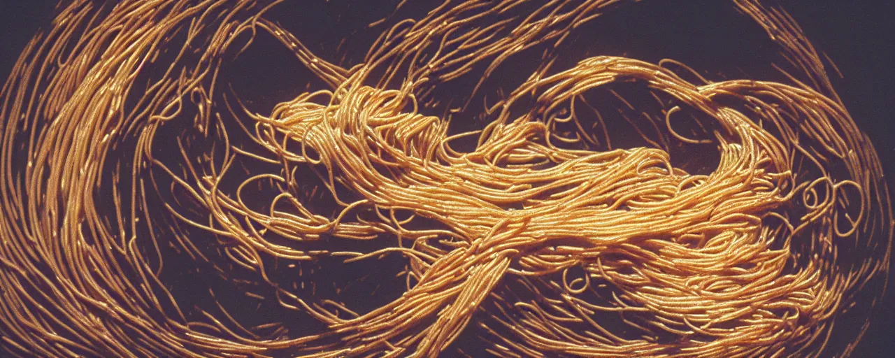 Image similar to an alien species made of spaghetti looking at earth from space, canon 5 0 mm, cinematic lighting, photography, retro, film, kodachrome