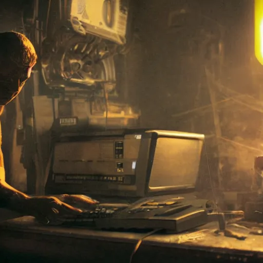 Image similar to augmented human repairing commodore 6 4, dark messy smoke - filled cluttered workshop, dark, dramatic lighting, orange tint, cinematic, highly detailed, sci - fi, futuristic, movie still from blade runner