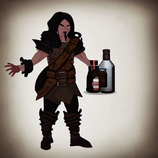 Image similar to DND concept character tan mercenary rogue, with long black hair, leather armor, possessed by a demon, holding a bottle of whisky