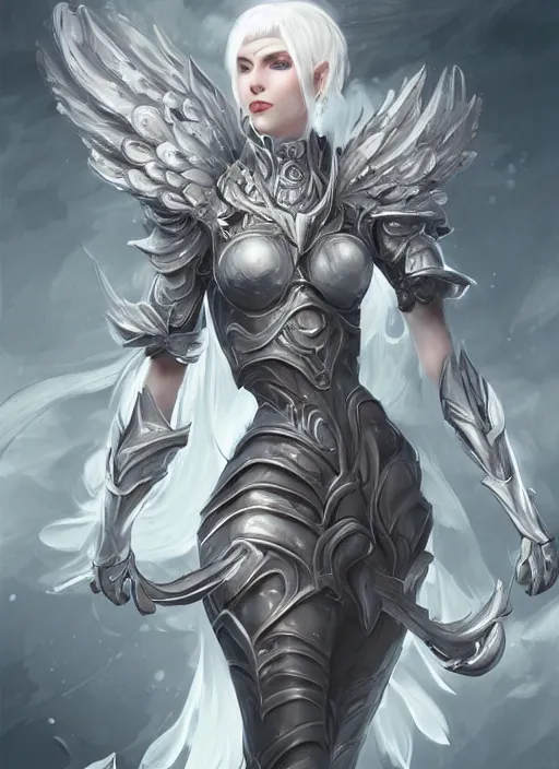 Prompt: a highly detailed illustration of white haired pale lady wearing blindfold, wearing dieselpunk armor dress with iron wings, dramatic floating pose, intricate, elegant, highly detailed, centered, digital painting, artstation, concept art, smooth, sharp focus, league of legends concept art, wlop