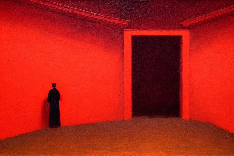 Image similar to only with red, crowd screaming, an exposed painting in a roman theater, in the style of beksinski, parts by edward hopper, parts by rodcenko, parts by yue minjun, intricate and epic composition, red by caravaggio, insanely quality, highly detailed, masterpiece, red light, artstation, 4 k