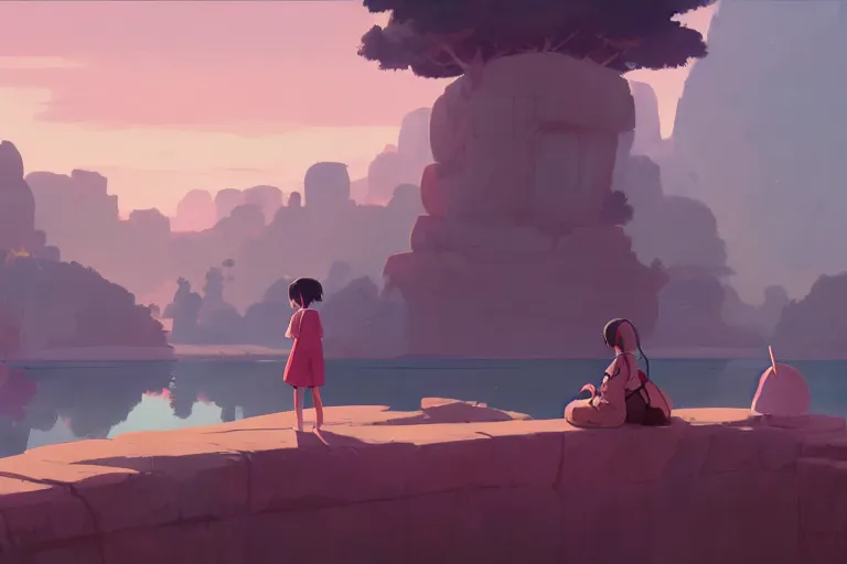 Prompt: two lakes near ancient sandstone ruins, cory loftis, james gilleard, atey ghailan, makoto shinkai, goro fujita, studio ghibli, rim light, exquisite lighting, clear focus, very coherent, plain background, soft painting