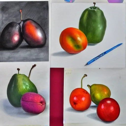 Prompt: Non-existent fantasy style fruit, fantastic colors, still life drawings.