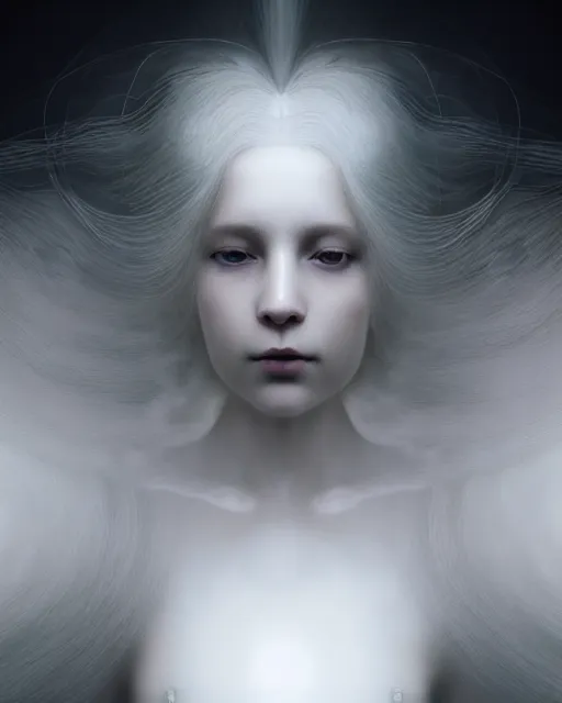 Image similar to delicate, dreamy, feminine, subsurface scattering, white, young beautiful robot - cyborg in cosmos long white hair floating in air, fluid smoke art, black and white, octane render, dino valls, mark ryden, joe fenton, michal karcz, highly detailed, rim light, art, cinematic lighting, very coherent, hyper realism, 8 k