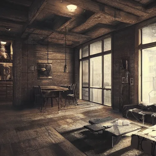 Prompt: rustic apartment interior, highly detailed, concept art, dark moody, night