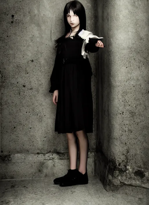 Image similar to a 1 4 year old girl eveline from resident evil 7 with straight long black hair wearing black dress that sitting on bathroom floor, photo for vogue, model エリサヘス s from acquamodels, render in re engine