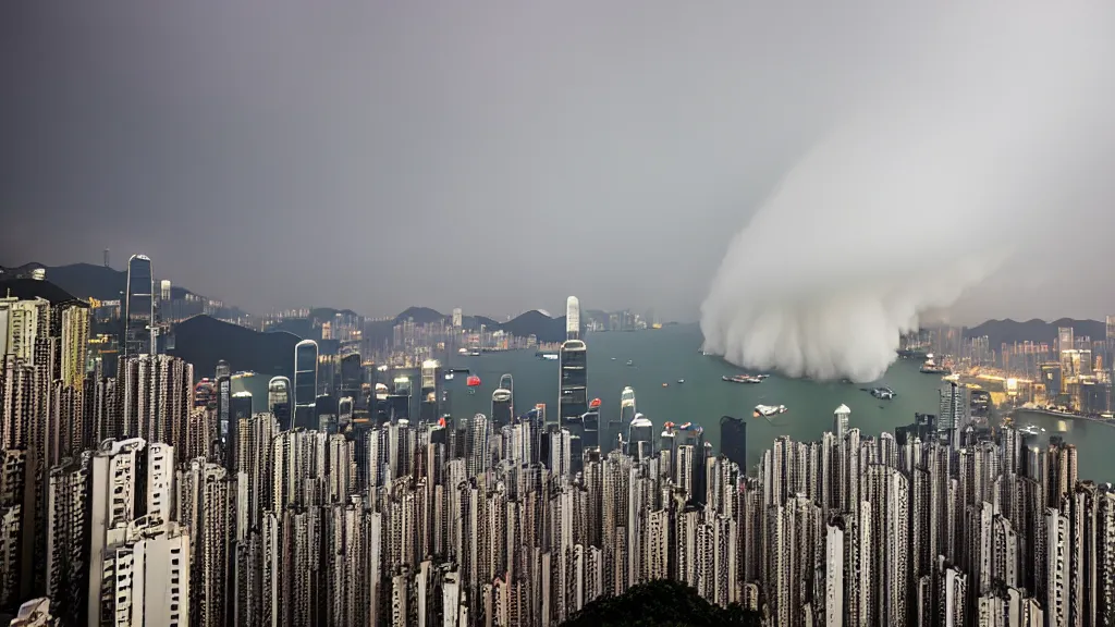 Image similar to a tornado ripping through the city of hong kong