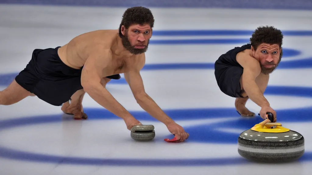 Image similar to a neanderthal participating in the olympics 2 0 2 4, posing for curling