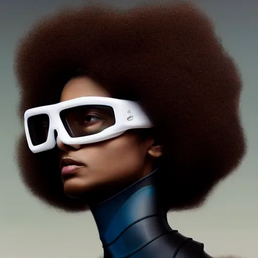 Image similar to Beautiful woman wearing opaque reflective goggles profile picture by Greg Rutkowski, brown skin, long afro hair, asymmetrical, futuristic, cool colors, streetwear, studio ghibli, Organic Painting , Matte Painting, geometric shapes, hard edges, street art, trending on the artstation, fantasy LUT, realistic by Sachin Teng + Martin Grip + Moebius, techwear, Industrial Scifi, detailed illustration, character portrait,