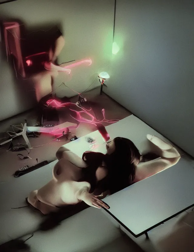 Image similar to woman playing computer games n dark room, redshift, wide shot, coloured polaroid photograph, pastel, kodak film, hyper real, stunning moody cinematography, by maripol, fallen angels by wong kar - wai, style of suspiria and neon demon, david hockney, detailed, oil on canvas