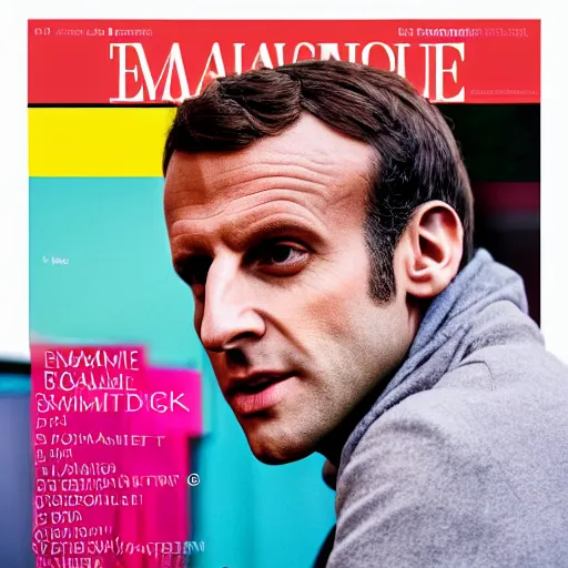 Image similar to colorful Cover of Emmanuel Macron magazine, white borders, 50mm photography, high quality, 4K